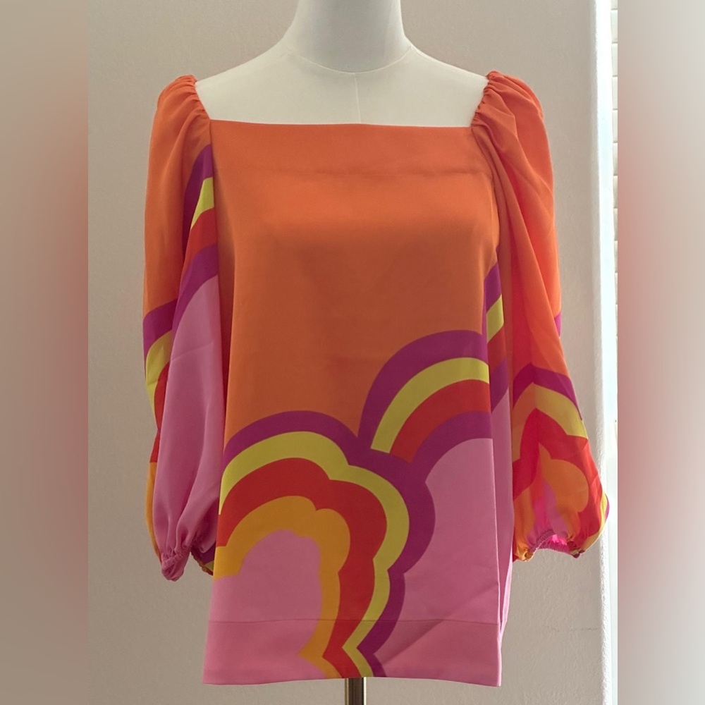 Trina Turk Orange and Pink Square Neck Blouse